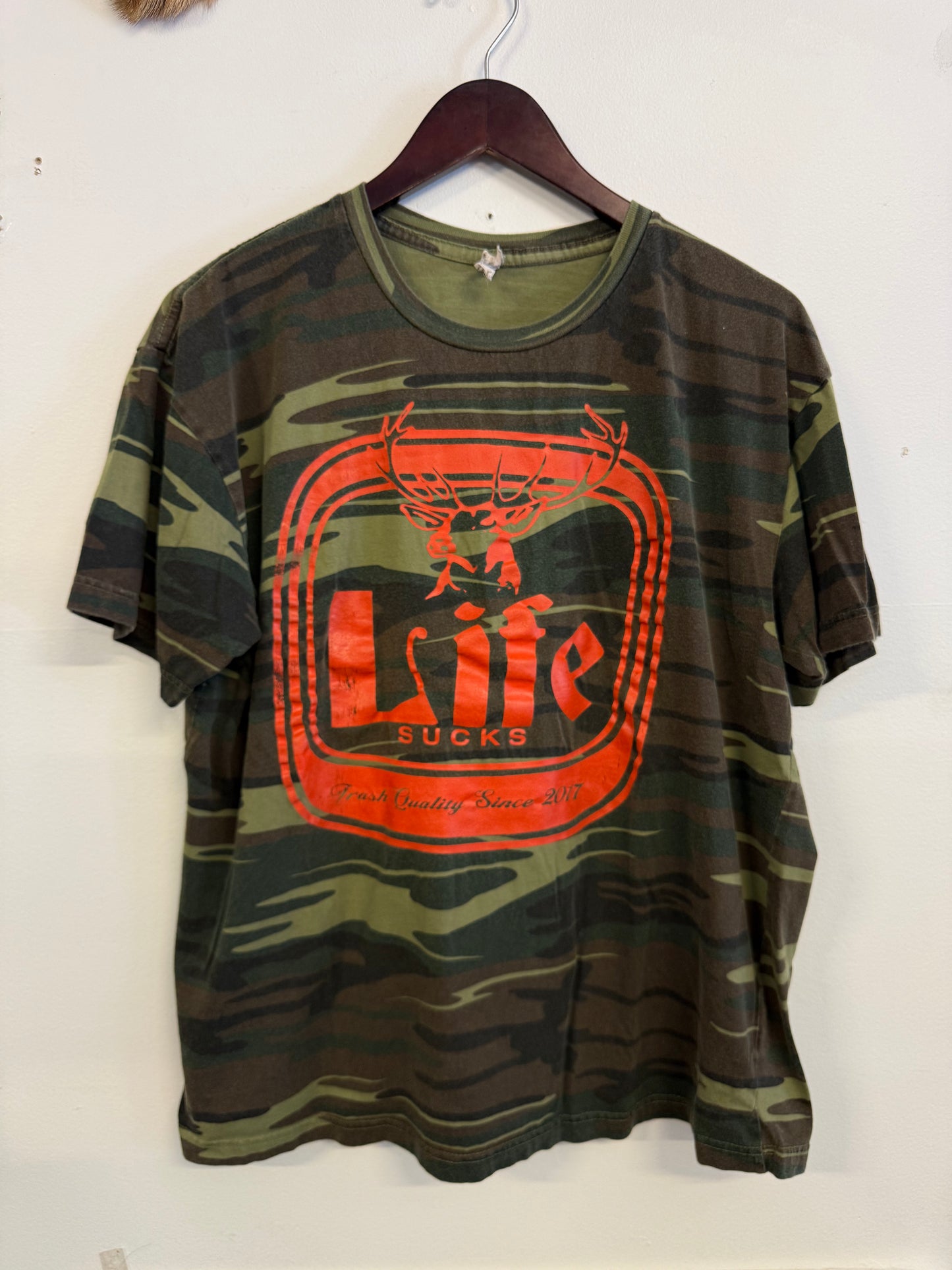 "Life Sucks" Miller Lite Parody Camo Tee